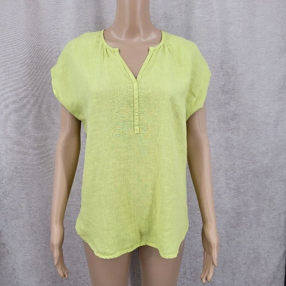Cut Loose Linen Lime  Green Split Neck   Cap Short Sleeve Top High Low